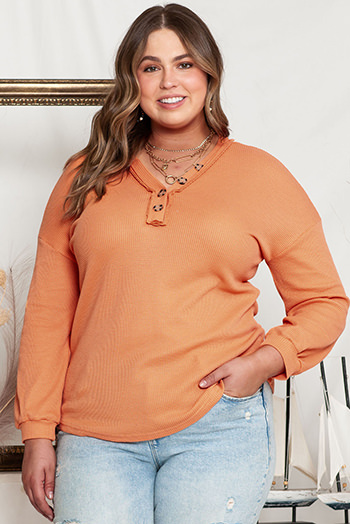 Orange Buttoned V Neck Waffle Knit Plus Size Top