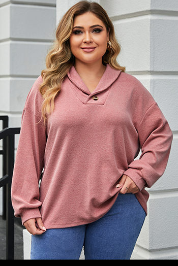 Pink Plus Size Long Sleeve V Neck Buttoned Top