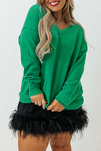 Green Plus Size Drop Shoulder V Neck Sweater