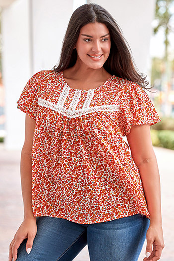 Fiery Red Floral Printed Lace Trim Plus Ruffle Sleeve Blouse