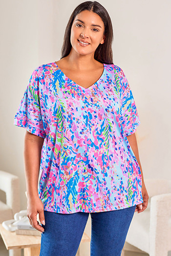 Sky Blue Plus Size Plant Print V Neck T Shirt