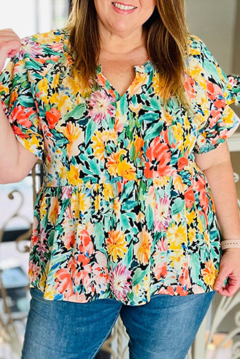 Multicolor Plus Size Ruffled Short Sleeve Floral Blouse