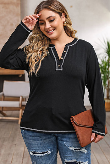 Black Plus Size Contrasting Topstitch Ribbed Henley Top