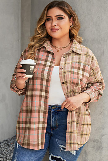 Pink Plus Size Color Block Plaid Long Sleeve Shirt with Pocket