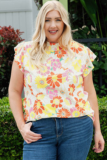 Multicolor Plus Size Mock Neck Ruffle Sleeve Floral Blouse