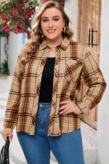 Orange Plus Size Buttons Plaid Pattern Shirt