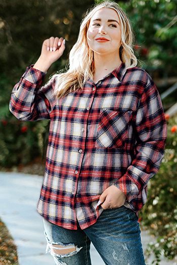 Fiery Red Plus Size Plaid Pattern Shirt