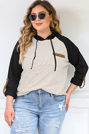 Black Striped Raglan Sleeve Buttoned Pocket Plus Size Hoodie