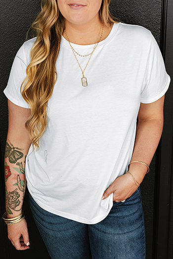 White Round Neck Rolled Sleeve Plus Size T Shirt