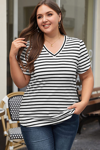 White Stripe V Neck Petal Sleeve Plus Size T Shirt