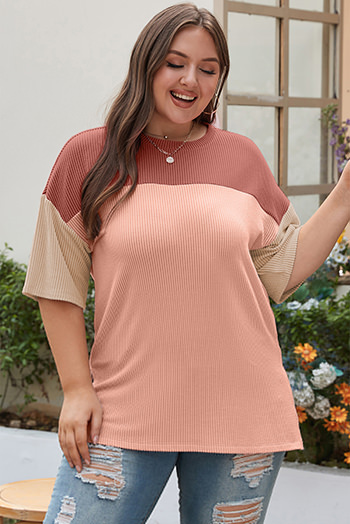 Rose Pink Plus Size Ribbed Colorblock T Shirt