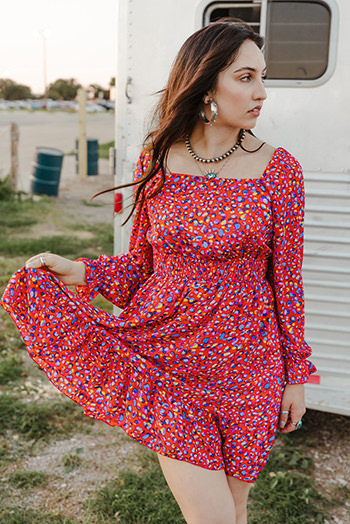 Red Square Neck Spring Floral Dress