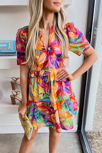 Multicolor Summer Floral Print V Neck Short Sleeve Dress