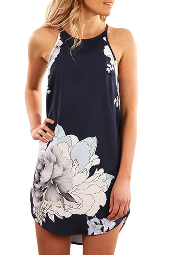 Blooming Peony Print Navy Sleeveless Dress