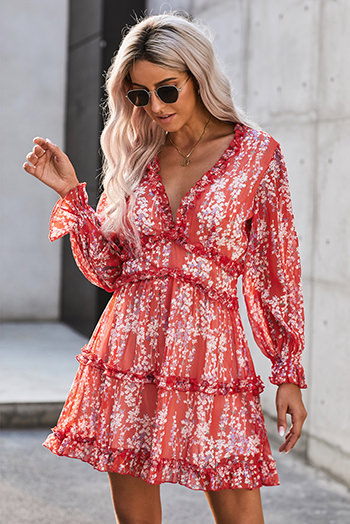 Red Ruffle Detailing Open Back Floral Dress