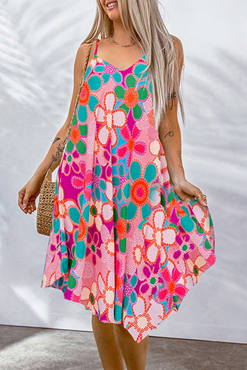 Pink Floral Print Spaghetti STraps Flowy Midi Dress