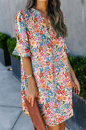 Boho Floral Printed Flutter Sleeve Dress