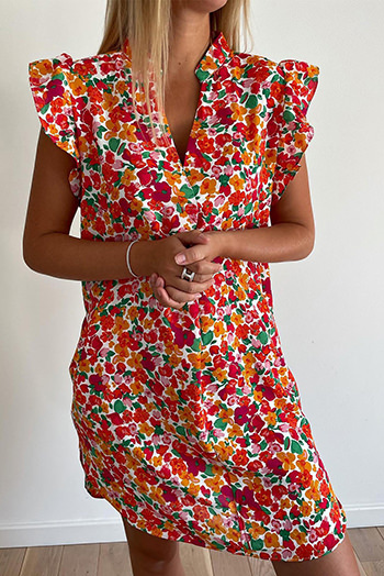 Red Ruffle Sleeve V Neck Floral Dress