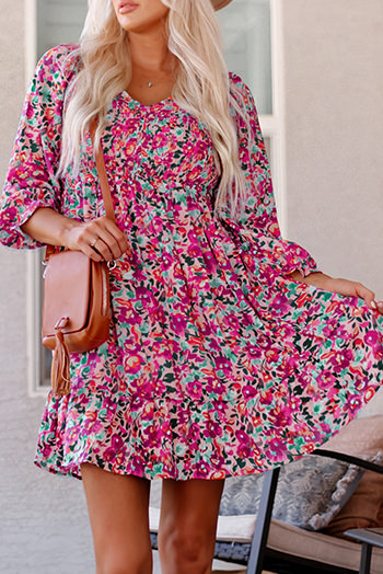 Purple Smocked V Neck Puffy Sleeve Floral Dress