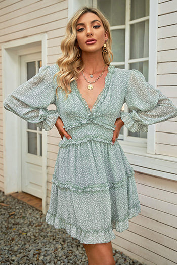 Green Ruffle Detailing Open Back Floral Dress