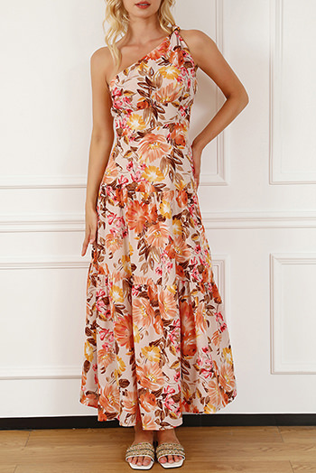 Orange Floral Print Pleated One Shoulder High Waist Maxi Dress