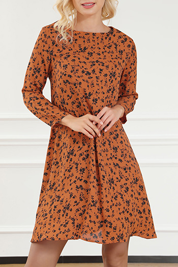 Orange Floral Print O-neck Long Sleeve Mini Dress