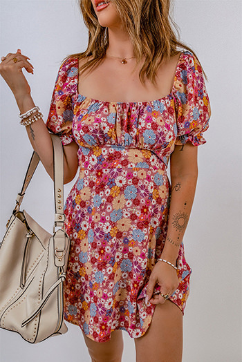 Pink Square Neck Short Puff Sleeves Floral Dress