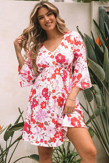 Orange V Neck 3/4 Sleeve Floral Dress