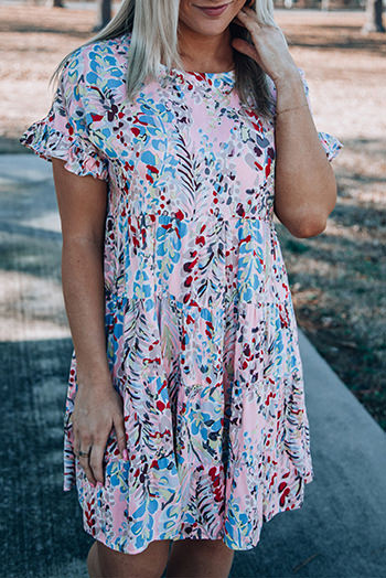 Pink Short Sleeves Floral Print Tiered Ruffled Dress