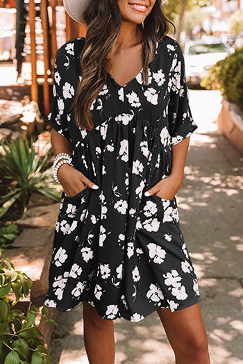 Black Khaki V Neck Floral Babydoll Dress with Pockets