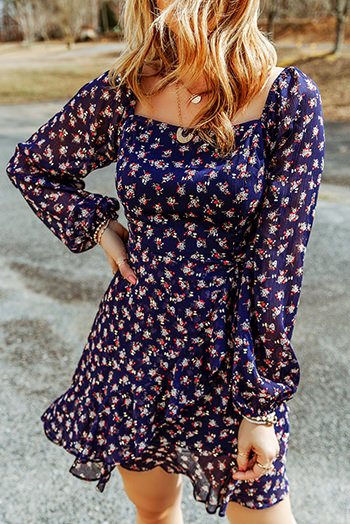 Blue Floral Print Smocked Square Neck Bubble Sleeve Dress