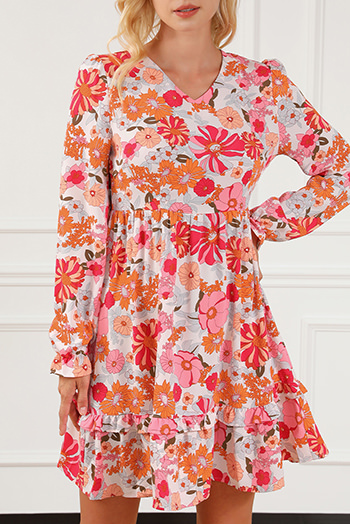 Multicolor Floral V Neck Long Sleeve Skater Dress