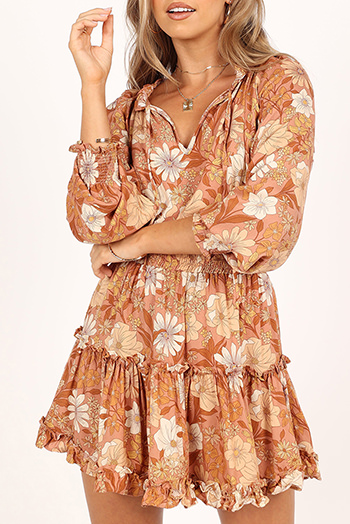 Camel Lace up Split Neck Tunic Floral Dress