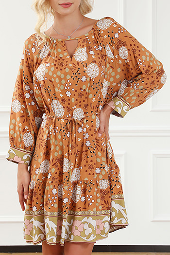 Camel 3/4 Sleeve Tie Waist Pleated Short Boho Floral Dress