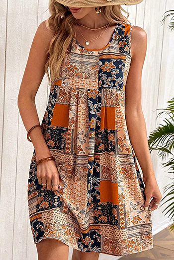 Orange Retro Floral Patchwork Print Sleeveless Mini Dress