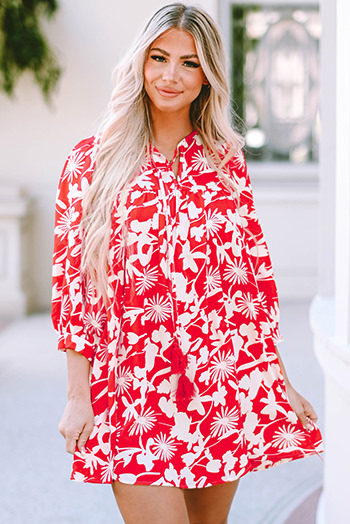 Red Floral Print Puff Sleeve Split Neck Babydoll Mini Dress