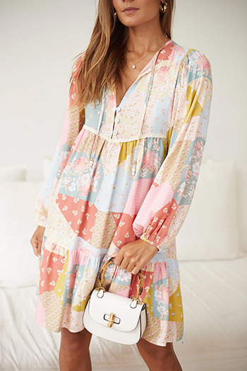 Multicolor Floral Puff Sleeve Buttoned V Neck Dress