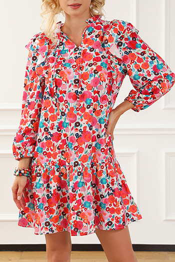 Multicolour Ruffle Split Neck Floral Long Sleeve Dress