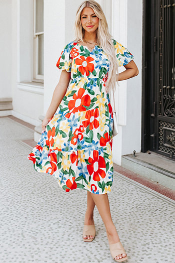 Multicolor Notch Neckline Bubble Sleeve Floral Midi Dress