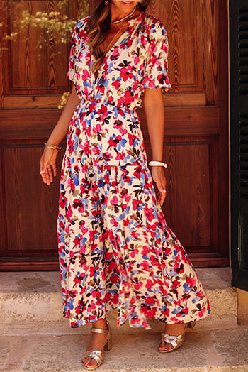 White Floral Print Short Sleeve Buttoned Split Maxi Dress