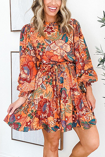 Orange Bubble Sleeve Belted Floral Dress