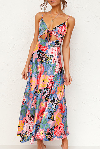 Multicolor Floral Print Bust Knot Long Dress with Slit