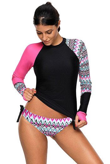 Contrast Rosy Detail Long Sleeve Tankini Swimsuit