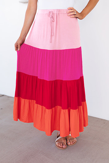 Pink Color Block Tiered Drawstring High Waist Maxi Skirt