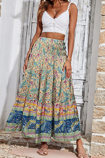 Sky Blue Boho Floral and Paisley Print Shirred Waist Long Skirt