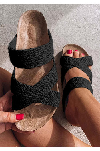 Black Linen Woven Cross Criss Hollowed Slip-On Slippers