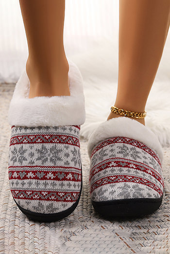 White Snowflake Pattern Knitted Plush Home Slippers