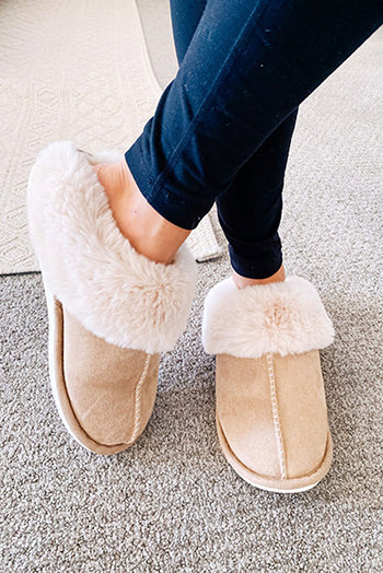 Khaki Cut and Sew Faux Suede Plush Lined Slippers