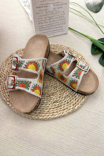 White Woven Sunflower Buckle Strap Slippers