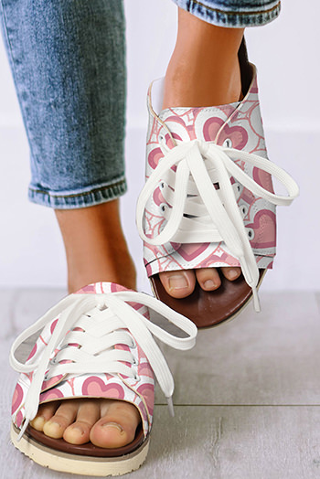 Pink Heart Shape Print Lace Up Open Toe Flat Slippers